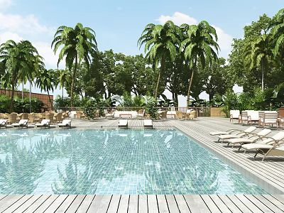 Serene Tropical Resort Pool Area With Palm Trees Lounge Chairs And Wooden Deck 3d model