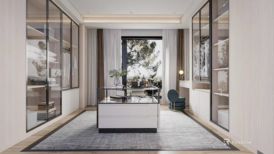 Luxury Walk In Closet With Glass Doors Central Vanity Table Green Plants And Large Window 3d model 