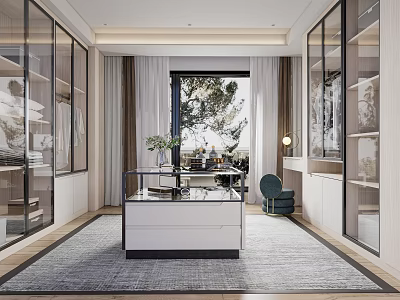 Luxury Walk In Closet With Glass Doors Central Vanity Table Green Plants And Large Window 3d model