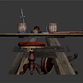 Rustic Round Wooden Table With Red Stool Cups Knife And Fishing Rod