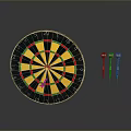 Round Dartboard With Colorful Numbered Segments And Three Metal Darts