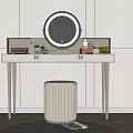 Modern Dressing Table With Round Mirror Padded Stool And Cosmetics On Tabletop 3d model