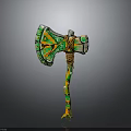 Decorative Axe With Green Yellow Patterns And Carved Wooden Handle