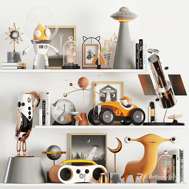 Creative Modern Decorative Ornament Set With Robot Planet Models Satellite Toy Car And Photo Frames 3d model 