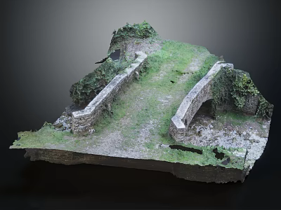 Ancient Stone Bridge Scene Model With Grass Covered Ground Stone Walls And Lush Vegetation 3d model