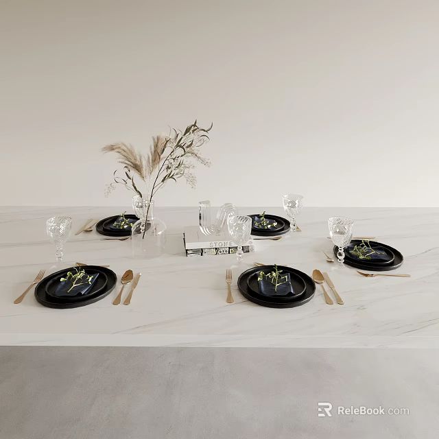 Elegant Black Tableware Set with Golden Cutlery Glasses and Dried Flowers on White Marble Table 3d model 