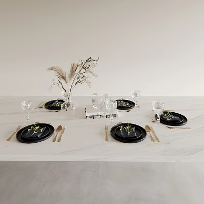 Elegant Black Tableware Set with Golden Cutlery Glasses and Dried Flowers on White Marble Table 3d model