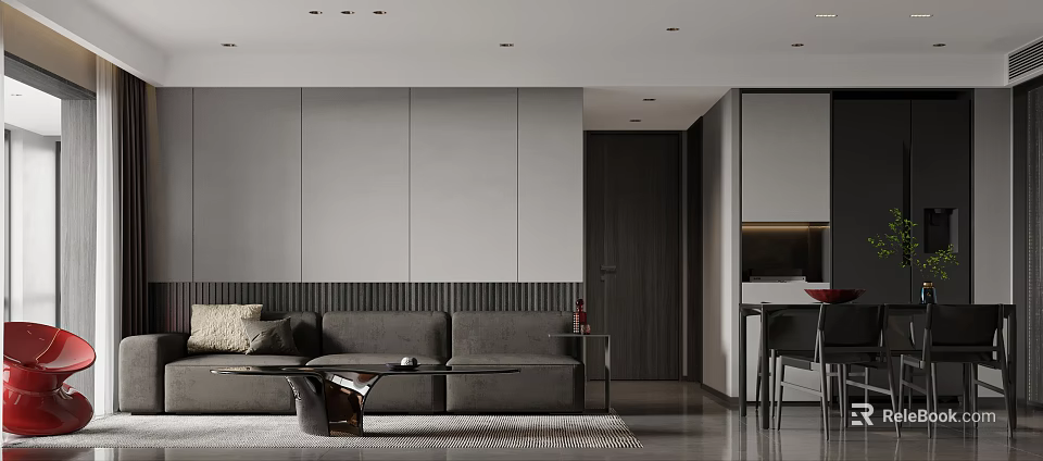 Modern Living Dining Room Interior With Gray Sofa Coffee Table Dining Table And Chairs 3d model