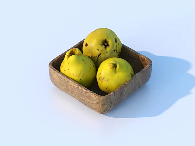 Ripe Yellow Fruits in a Handcrafted Wooden Bowl on Clean White Background 3d model