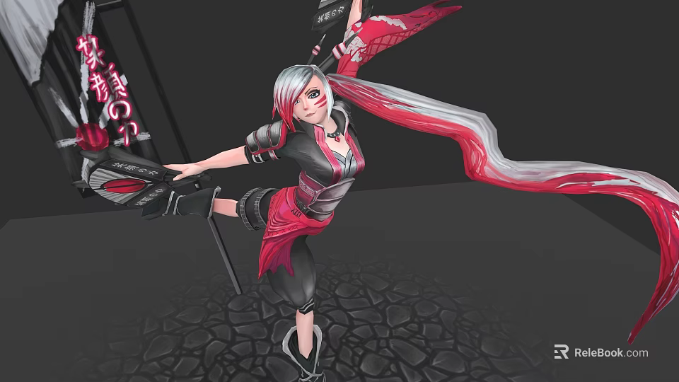 Woman In Striking Pose With Pink White Long Hair Black Red Outfit On Stone Pavement 3d model 