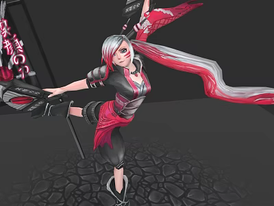 Woman In Striking Pose With Pink White Long Hair Black Red Outfit On Stone Pavement 3d model