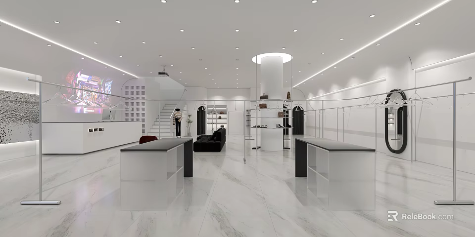 Modern Clothing Store Interior With Marble Floor Display Racks Sofa And Lighting 3d model 