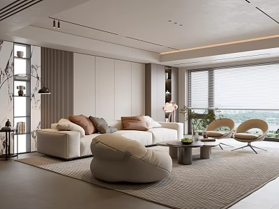 Modern Living Room Interior With White Sofa Accent Chairs And Window Blinds 3d model