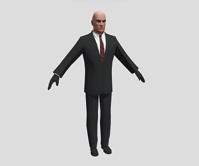 Bald Man in Black Suit with Red Tie and Black Gloves Arms Outstretched 3d model