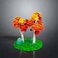 Vibrant Orange Red Leaf Trees with White Trunks on Green Grass and Stones
