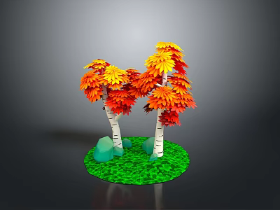 Vibrant Orange Red Leaf Trees with White Trunks on Green Grass and Stones 3d model