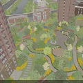 Lush Urban Garden Landscape Surrounded By High Rise Buildings With Green Pathways Seating And Trees