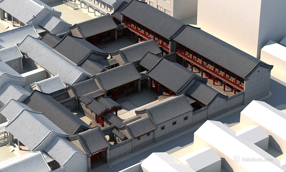 Ancient Chinese Architectural Complex With Courtyard Gray Tiles And Red Columns 3d model