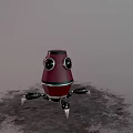 Red Small Robot Creature With Black Eyes And Metal Legs On Ground