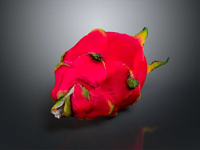 Vibrant Red Dragon Fruit With Fresh Green Leaves On Dark Background 3d model