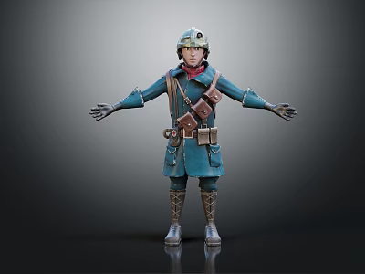 Adventurous Character Wearing Blue Coat Helmet And Leather Pouch With Arms Outstretched 3d model