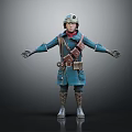 Adventurous Character Wearing Blue Coat Helmet And Leather Pouch With Arms Outstretched