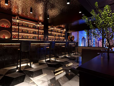Modern Bar Featuring Counter Stools Shelves Bottles Black White Checkered Floor City View Green Plant 3d model