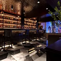 Modern Bar Featuring Counter Stools Shelves Bottles Black White Checkered Floor City View Green Plant