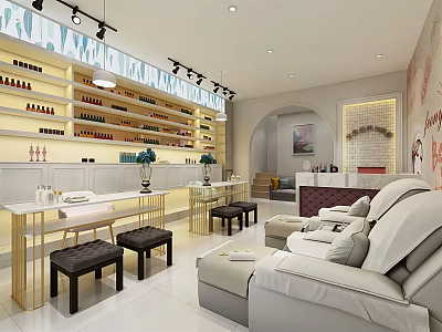 Beauty Hair Salon Interior With Product Shelves Workstations Comfortable Sofas And Modern Lighting 3d model
