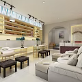 Beauty Hair Salon Interior With Product Shelves Workstations Comfortable Sofas And Modern Lighting