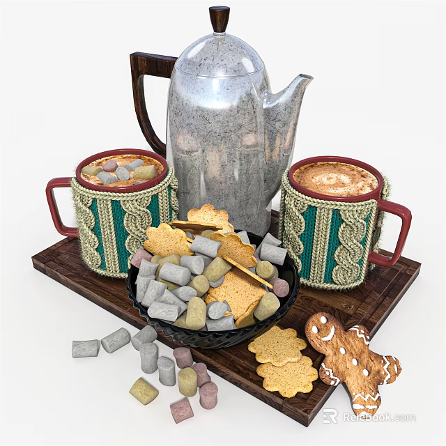 Warm Hot Drink Mugs With Teapot And Assorted Cookies Marshmallows On Tray 3d model 