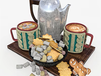 Warm Hot Drink Mugs With Teapot And Assorted Cookies Marshmallows On Tray 3d model