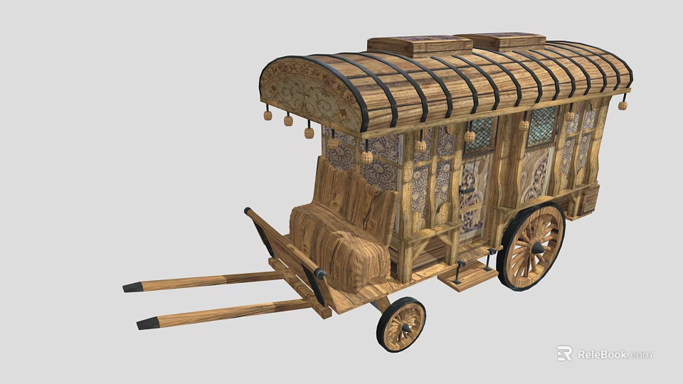 Vintage Wooden Carriage Featuring Decorative Roof Beams Spoked Wheels And Ornate Panels 3d model 