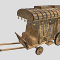 Vintage Wooden Carriage Featuring Decorative Roof Beams Spoked Wheels And Ornate Panels