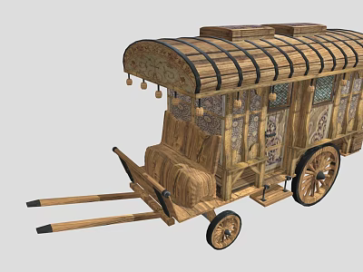 Vintage Wooden Carriage Featuring Decorative Roof Beams Spoked Wheels And Ornate Panels 3d model