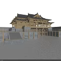 Ancient Chinese Architecture Featuring Wooden Structure Ornate Roof Eaves and Water Reflection with Stone Steps