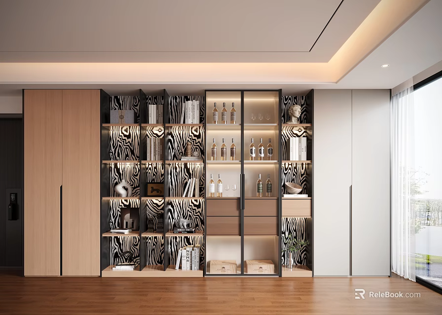 Modern Light Luxury Wooden Decor Cabinet With Glass Doors And Built In LED Display Lights 3d model 