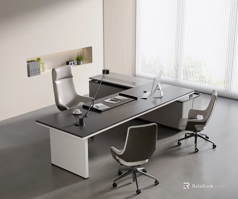 Modern Office Interior With Large Desk Ergonomic Chairs Computer Lamp And Window Blinds 3d model 
