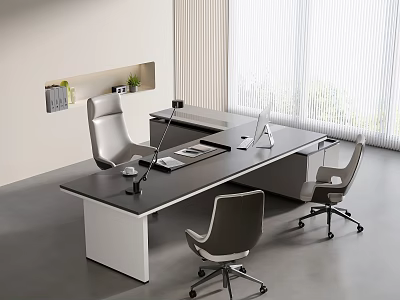 Modern Office Interior With Large Desk Ergonomic Chairs Computer Lamp And Window Blinds 3d model