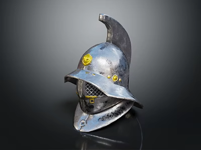 Medieval Helmet With Silver Metal Spiked Crest Chainmail Visor And Golden Accents 3d model