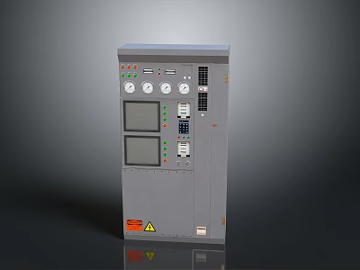 Grey Industrial Control Panel Featuring Gauges Display Screens Control Buttons Connection Ports And Warning Labels 3d model