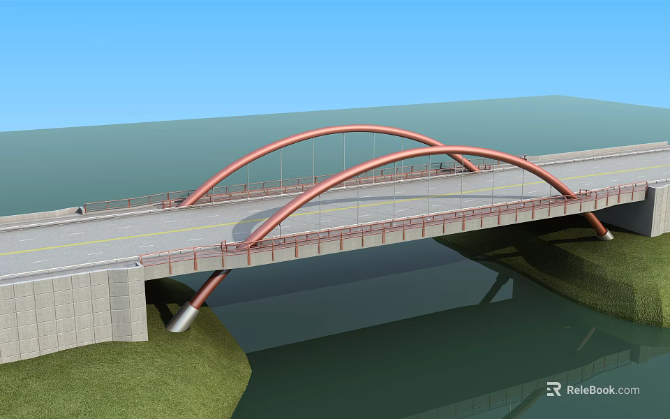 Red Arched Bridge Over Water With Green Grass Blue Sky And Railings 3d model 