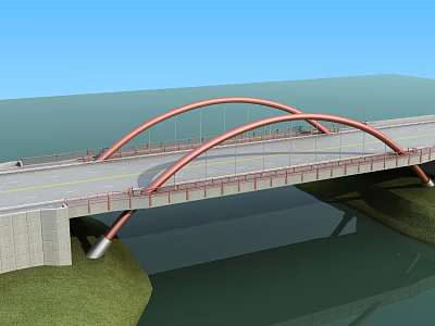 Red Arched Bridge Over Water With Green Grass Blue Sky And Railings 3d model
