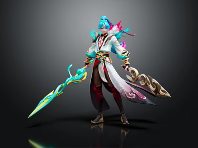 Fantasy Character And Mythical Creature Design With Colorful Hair Ornate Outfit And Dual Weapons 3d model