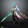 Fantasy Character And Mythical Creature Design With Colorful Hair Ornate Outfit And Dual Weapons