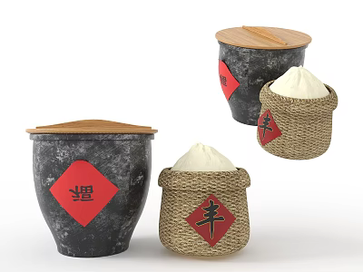 Ceramic Vessels with Wooden Lids Red Fu Stickers and Woven Rice Containers with Feng Characters 3d model