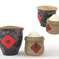 Ceramic Vessels with Wooden Lids Red Fu Stickers and Woven Rice Containers with Feng Characters