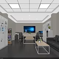 Modern Conference Room Interior With Desk Chairs TV Screen Sofa And Coffee Table