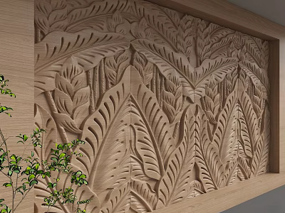 Wooden Relief Background Wall With Leaf Patterns And Green Plants 3d model