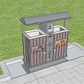 Public Double Compartment Trash Bin With Roofed Design And Recycling Signs On Sidewalk Near Grassland